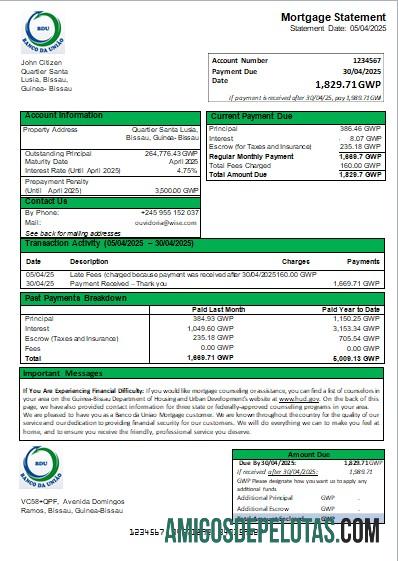 Guinea Bissau Banco Da Uniao Bank Mortgage Statement Scr exemplo